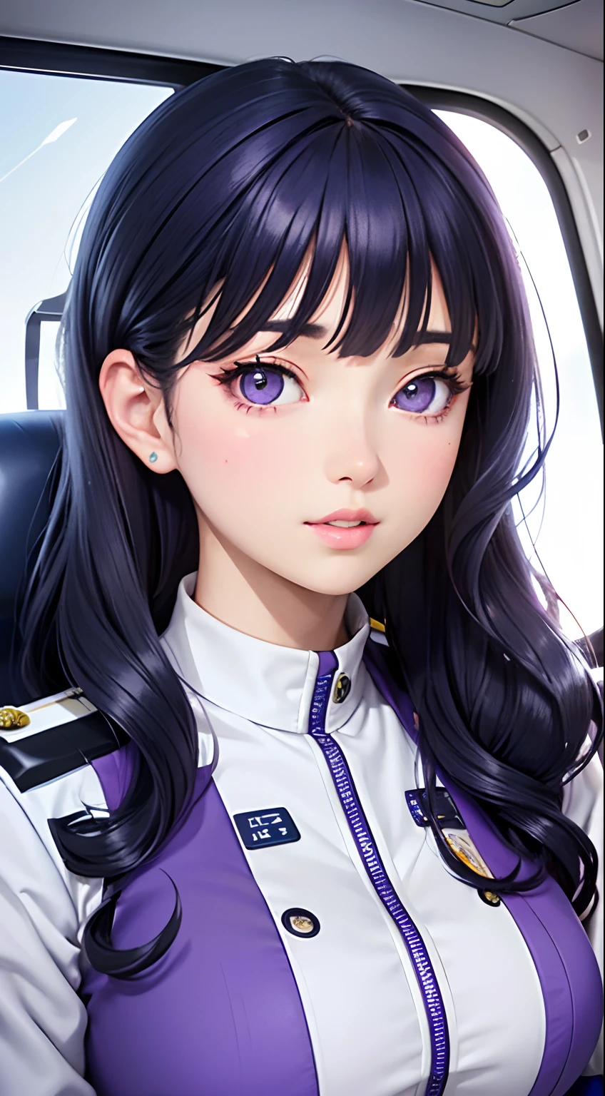 best quality, beautiful woman, wavy dark blue hair, purple eyes, barbiecore, intricate lavender pilot uniform, airplane cockpit interior, wavy hair, beautiful face, perfect face, big gorgeous eyes, soft smile, parted lips, perfect slim fit body, bright colors, soft tones, Blunt Bangs