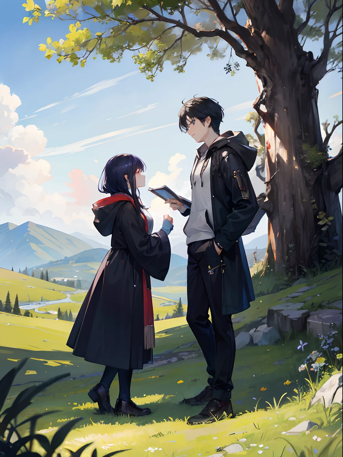 This panel shows Raven and Hoodie reaching the crest of the hill. They both have an excited and adventurous demeanor. Raven, still holding the treasure map, bends down to examine a spot beneath a tree. He wears a focused expression, as if he believes this is the treasure's location. Hoodie, standing beside him, watches with anticipation and curiosity. The tree should have gnarled roots and a few scattered leaves on the ground around it, hinting at the possibility of the treasure.