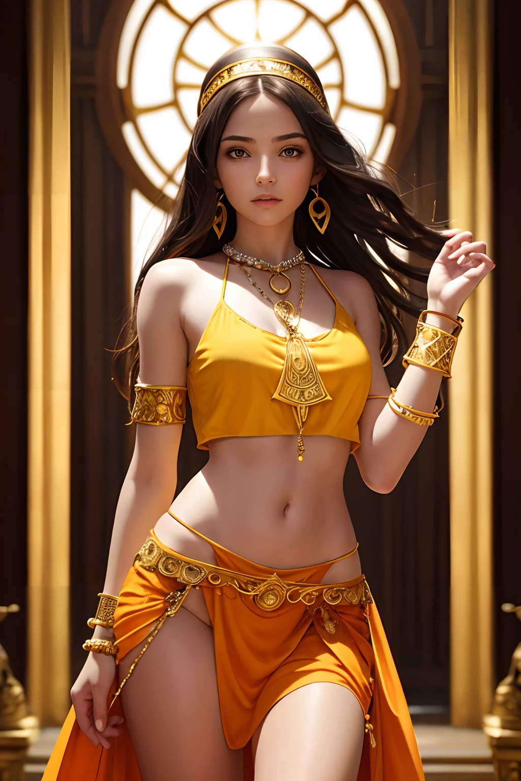 young priestess, fantasy style, detailed, fewer clothes, latin skin tone, airy crop top and loincloth in yellow and orange colors, bracelets with white transparent glass pearls on hands, legs, neck, and torso