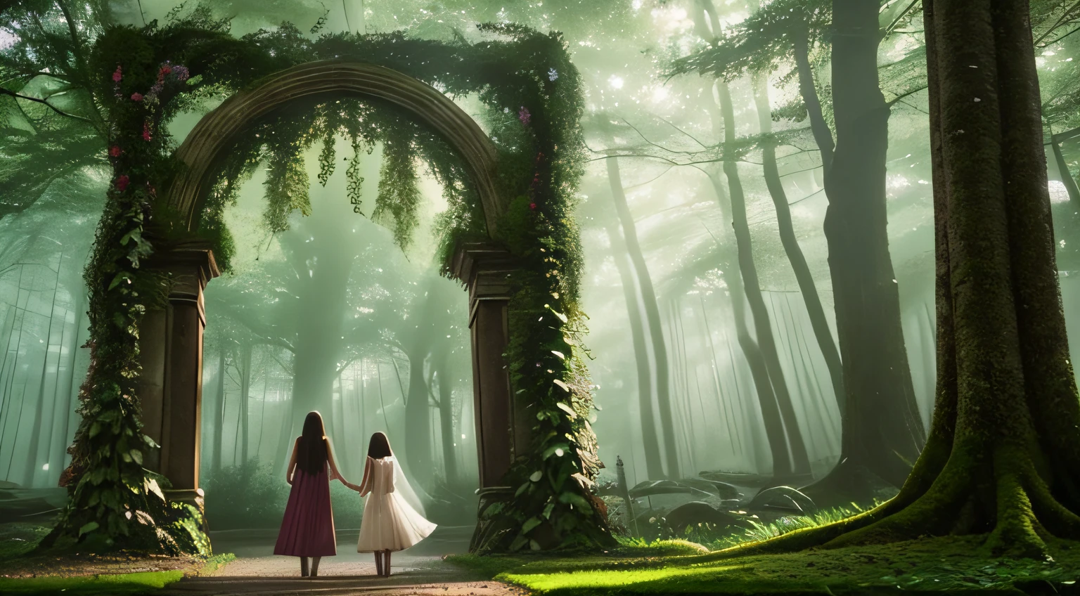 Elif and her mother embark on a captivating journey into the depths of the mysterious forest.(best quality,4k,8k,highres,masterpiece:1.2),ultra-detailed,(realistic,photorealistic,photo-realistic:1.37),portraits,landscape,horror,anime,sci-fi,photography,concept artists,forest,enchanted,magical,thick foliage, towering trees, blurred sunlight filtering through leaves, moss-covered ground, mystical creatures lurking in the shadows, dappled light, misty atmosphere, vibrant colors, eerie atmosphere, mother and daughter holding hands, expressions of wonder and curiosity, ancient ruins peeking through the trees, an ornate portal leading to another realm, ethereal beings guiding their way, whispers of secrets, the scent of earth and moss, Elif with long flowing hair adorned with flowers, beautiful intricate details of plants and wildlife, soft ambient lighting, otherworldly environment, a sense of suspense and adventure. --auto