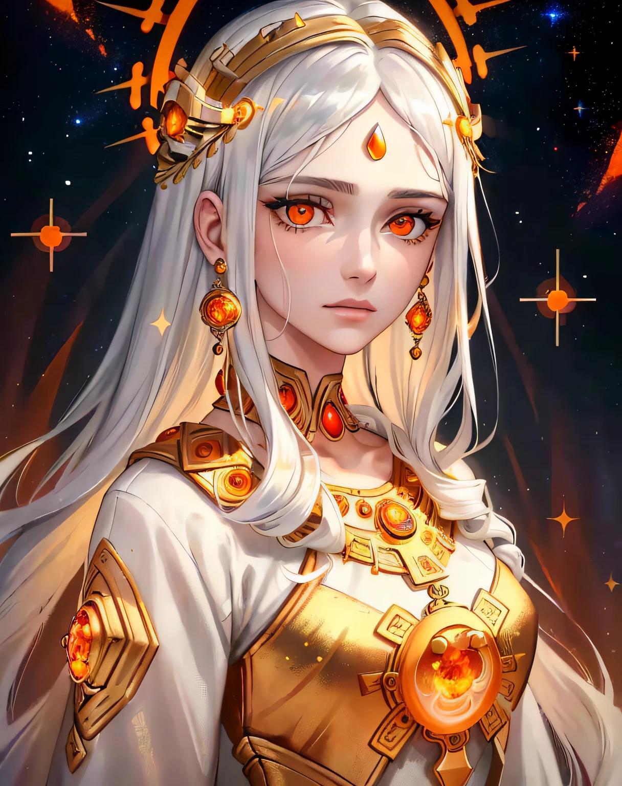 extremely detailed, hyper detailed, (PERFECT FACE), ((detailed eyes)) illustration, low lighting, 2d, intricate, detailed eyes, sexy, toned, (outside), White hair, red eyes. Surrounded by orange and gold nebulae, stars, sidereal winds and planets. ((extremely realistic shadows, masterpiece, extremely detailed, photorealistic)). Goddess of hope, her beautiful face always has a calm expression although with some sadness. (1 woman 16 years old) ((16 years old)), beautiful face, (kind eyes) calm but a little sad expression, long curly hair, she wears a white and silver ancient Greek tunic, surrounded by halos of gold and orange light .