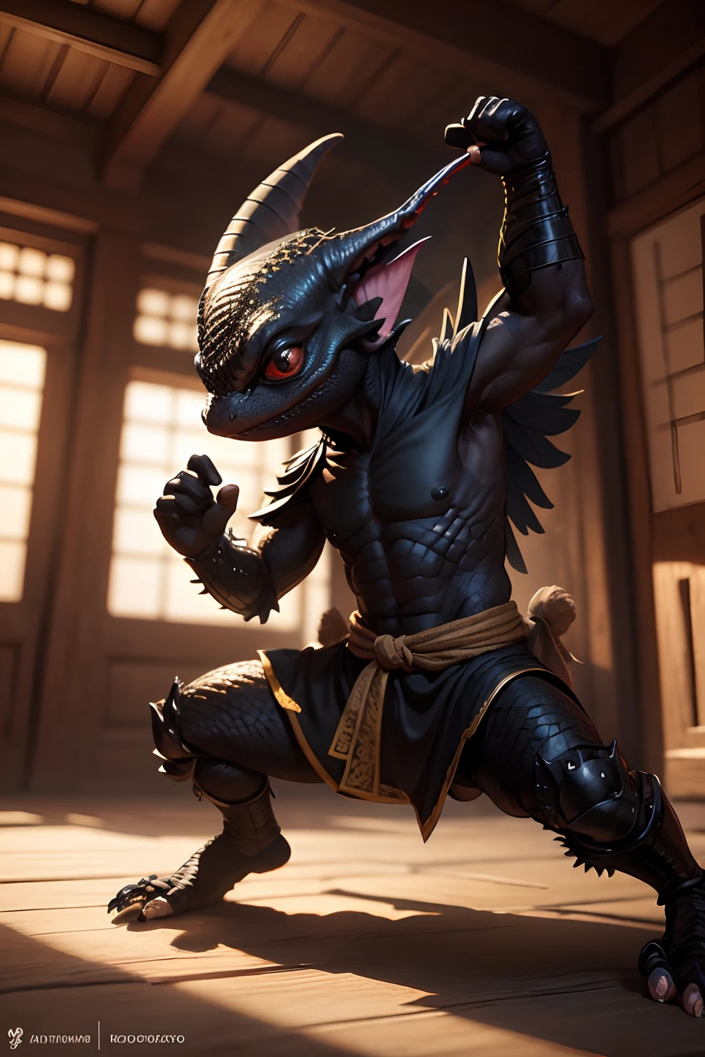 fantasy D&D art, winged small black lizard kobold monk, fighting pose in a dojo