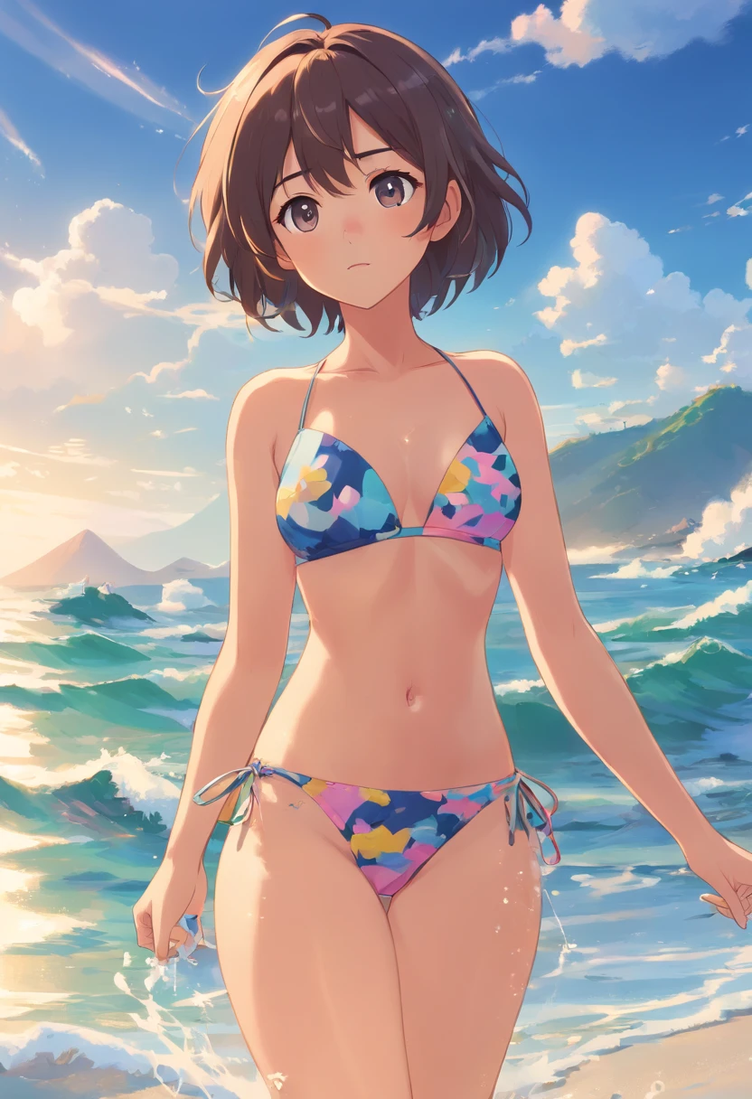 1menina vestindo __Cor__, {Houndstoot| leopardo| water ripples| tigre| geometric| ponto| flor| Heart| listra} Micro bikini pattern (na praia), sozinho, fofo, Adolescente, seios grandes, (corpo inteiro),
Standing, contrapposto, loiro bob corte de cabelo,
absurd resolution, best quality, absurdo detalhado,