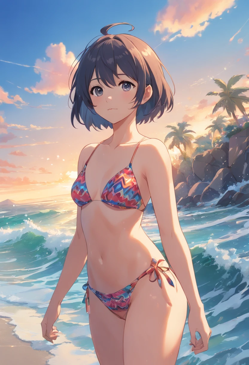 1menina vestindo __Cor__, {Houndstoot| leopardo| water ripples| tigre| geometric| ponto| flor| Heart| listra} Micro bikini pattern (na praia), sozinho, fofo, Adolescente, seios grandes, (corpo inteiro),
Standing, contrapposto, loiro bob corte de cabelo,
absurd resolution, best quality, absurdo detalhado,