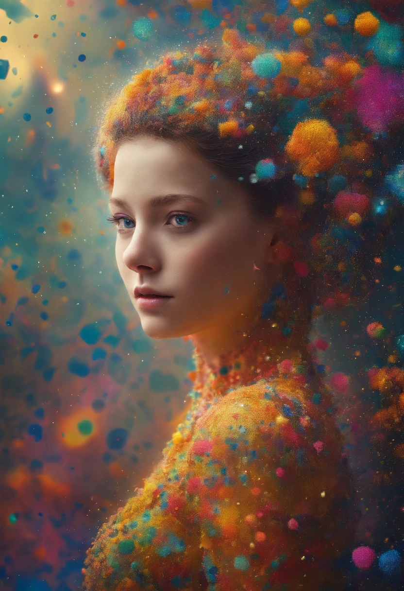 Absurd, High resolution, Ultra-detailed, (1 girl:1. 2), Dot Painting Technique, Dotted shadow, Intricate details, Small dots, Texture Effects, subtle gradients, Fascinating craftsmanship, infrared photography, Otherworldly tones, surreal landscape, Invisible light, ethereal glow, Vivid colors, Phantom effect