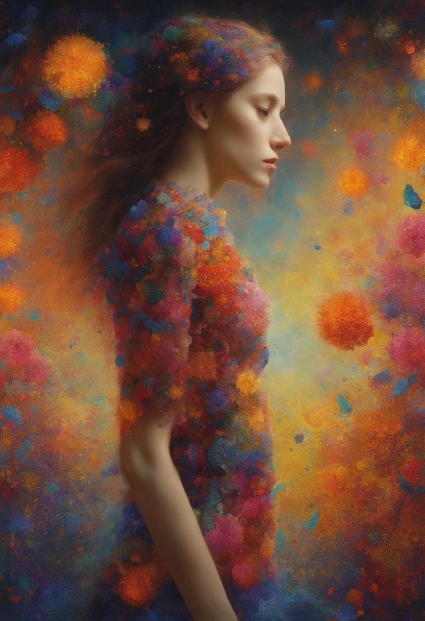 Absurd, High resolution, Ultra-detailed, (1 girl:1. 2), Dot Painting Technique, Dotted shadow, Intricate details, Small dots, Texture Effects, subtle gradients, Fascinating craftsmanship, infrared photography, Otherworldly tones, surreal landscape, Invisible light, ethereal glow, Vivid colors, Phantom effect
