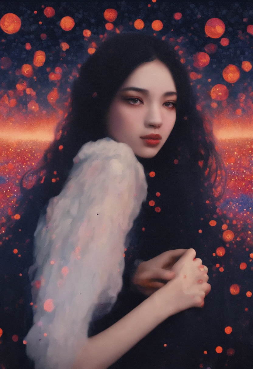 Absurd, High resolution, Ultra-detailed, (1 girl:1. 2), Dot Painting Technique, Dotted shadow, Intricate details, Small dots, Texture Effects, subtle gradients, Fascinating craftsmanship, infrared photography, Otherworldly tones, surreal landscape, Invisible light, ethereal glow, Vivid colors, Phantom effect