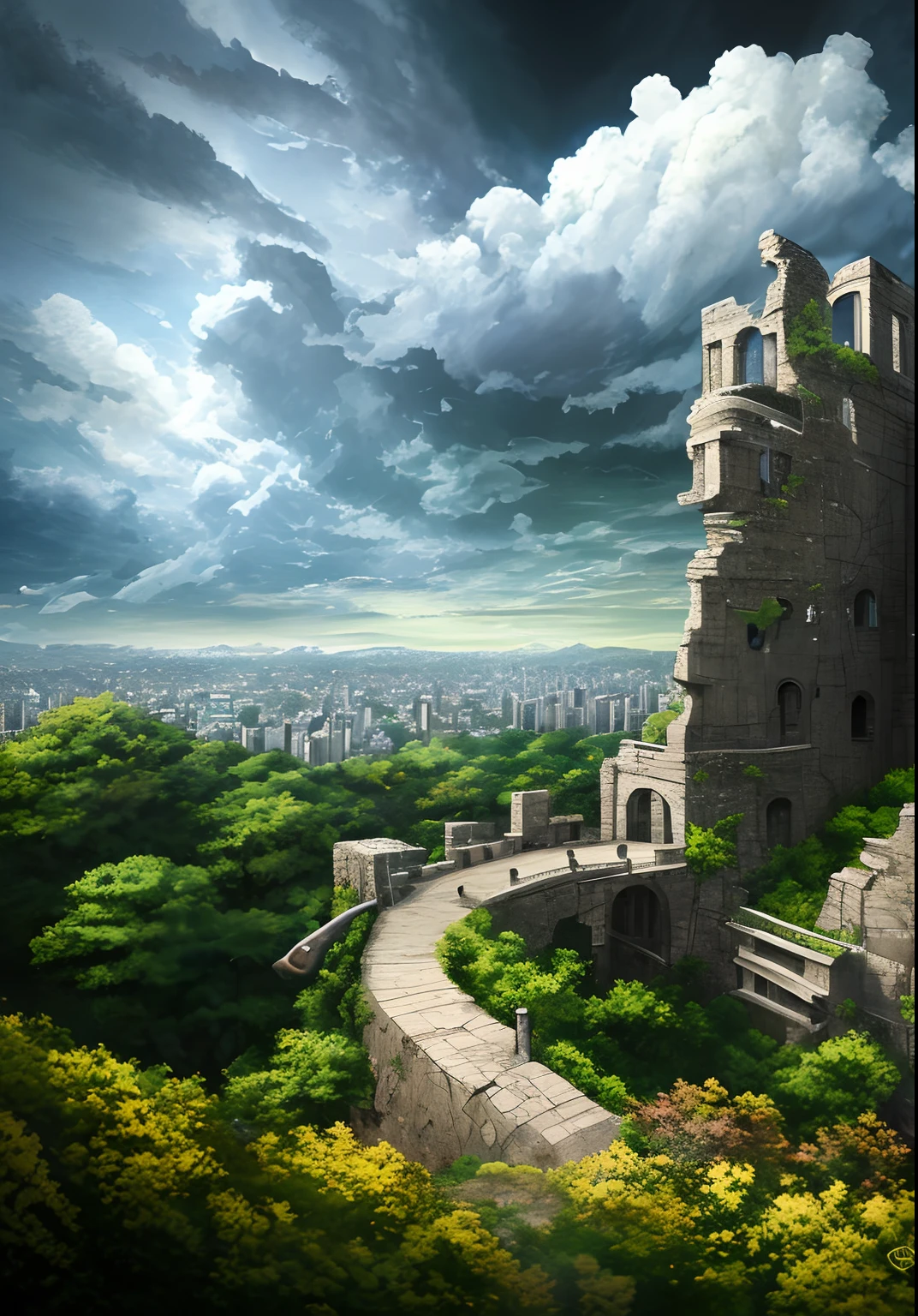 Masterpiece, escher, dramatic sky, comets, multicolor sky, best quality, high quality, extremely detailed CG unity 8k wallpaper, landscape, city ruins background, tokyo city ruins in the background, ruins, tokyo, ruins landscape, apocalyptic city, urban city ruins, outdoor, sky, cloud, sky, no humans, mountain, landscape, tree, blue sky, cliff, nature, cloudy skies, award winning photography, bokeh, depth of field, HDR, bloom, chromatic aberration, photorealism, high detail, dramatic, midjourney art, anime style, illustrated