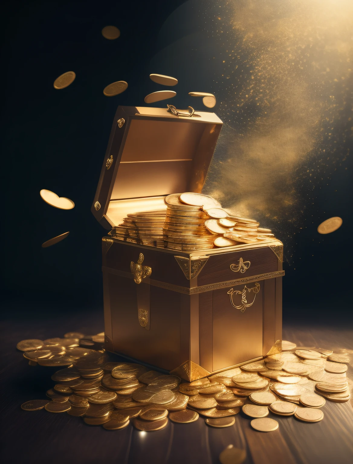 There is a chest full of gold coins on a wooden floor, ouro e tesouro, Caixa de saque, treasure chest, com muitas moedas de ouro, hiding large treasure chest, treasure chests, tesouro, moedas de ouro, fundo do tesouro, tesouro acumular, tesouros de ouro, moedas de ouro espalhadas, Tesouros, saque, ele tem um tesouro com ele, olhando para a caixa do tesouro