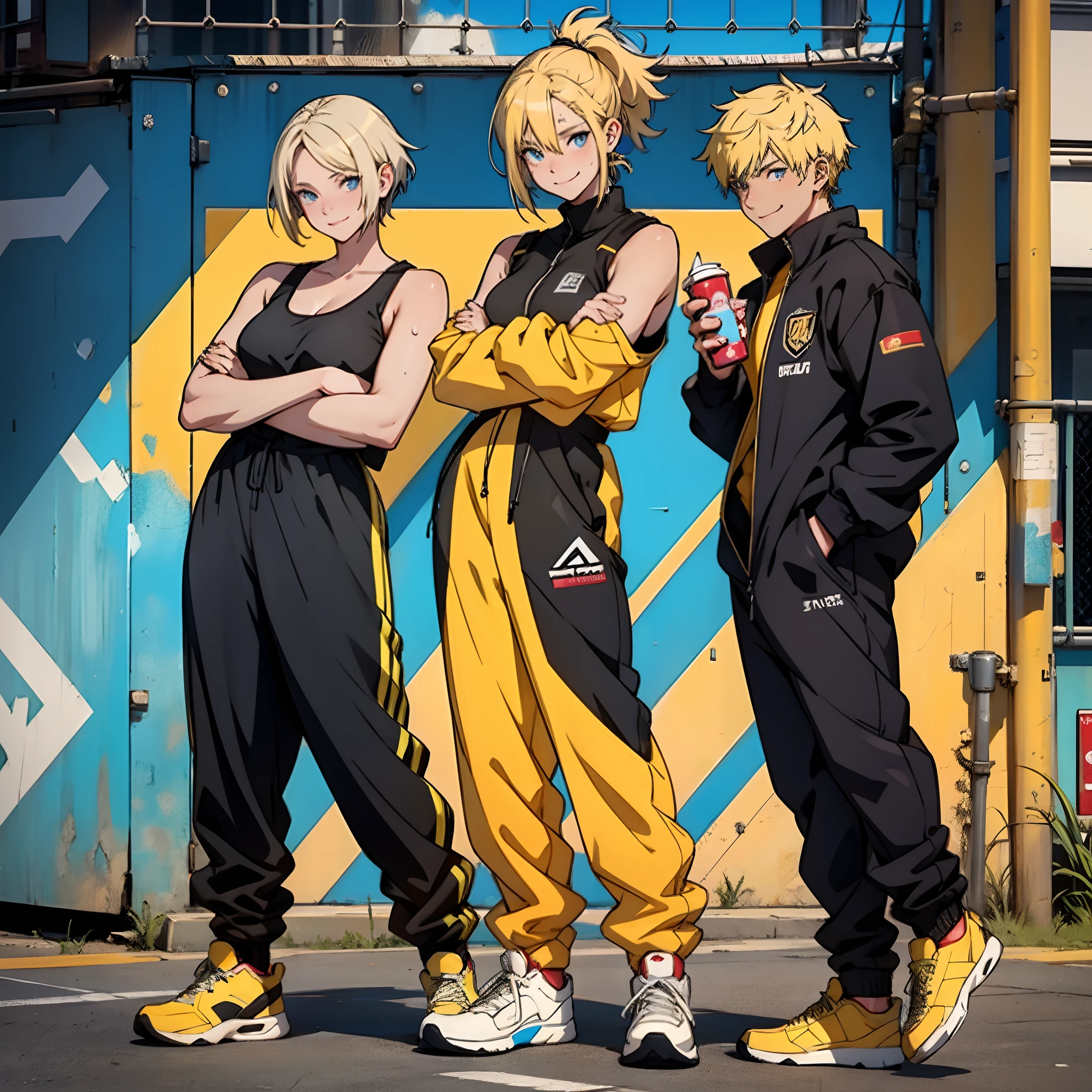 Create character, aice, colorful anime thick strokes, cracks, she is sweating a black jumpsuit, yellow shoes, yellow tank top, underneath the jumpsuit, dynamic full body pose, blue eyes, blonde hair, short hair, Band-Aid on the nose, smiling aice, anime style, wiit Studio traits, 1woman, young woman, 20 years old, happy, smile, cute, sexy
