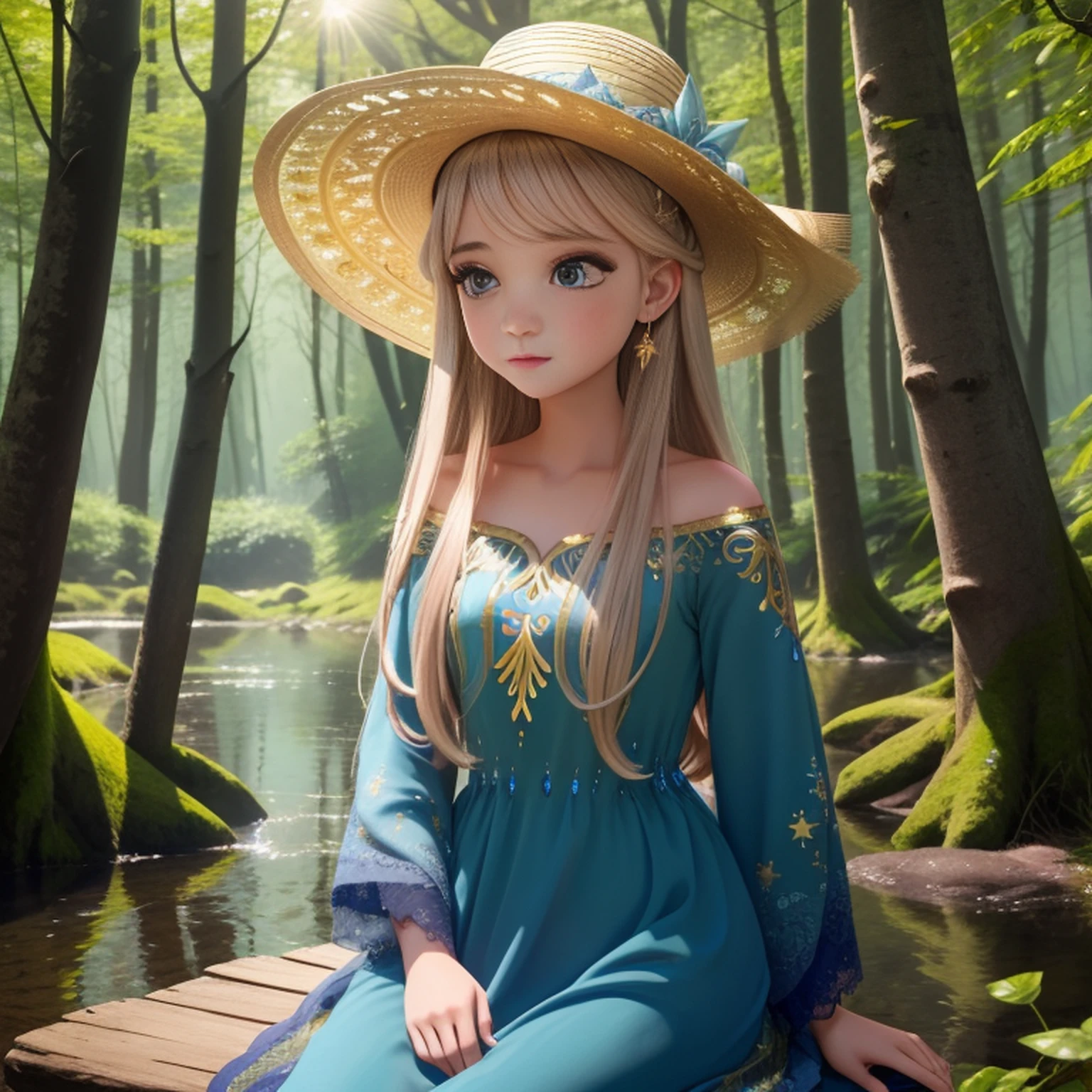 uma ,beautiful face,Olhos brilhantes bonitos,longos cabelos loiros,Wearing a large-brimmed hat、Golden Hair Accessories and Star Earrings,Um lindo vestido azul,The dress is decorated with gold patterns and lace finish。Sit quietly at the water's edge in the forest,A floresta tem flores, trees and rivers。The sun shines through the trees, casting of gloss stains。The whole forest is sparkling,master part,Best quality at best