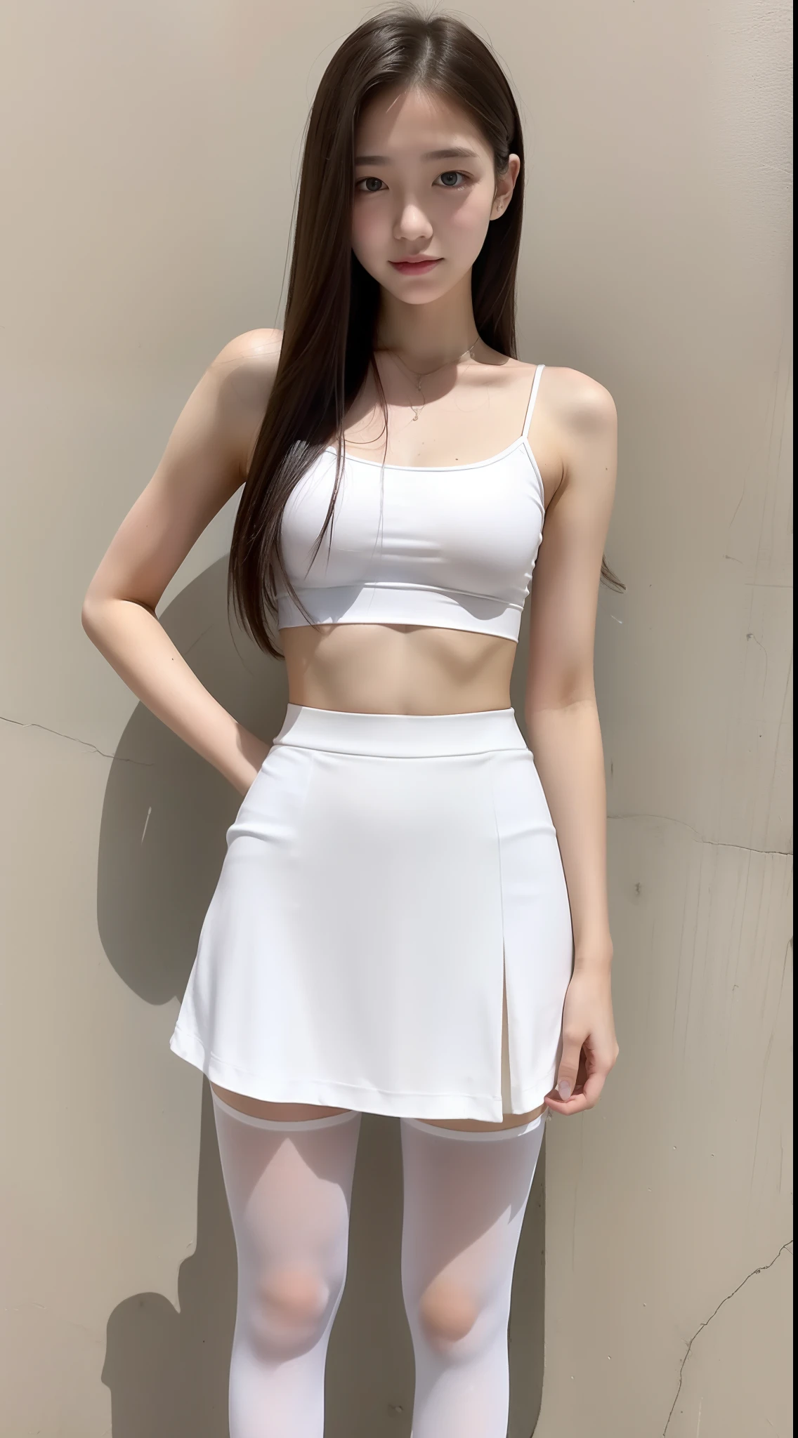 16 year old girl, thin, spaghetti strap tank top, skirt, holding_the_bottom_edge_of_the_skirt, white pantyhose, very long hair