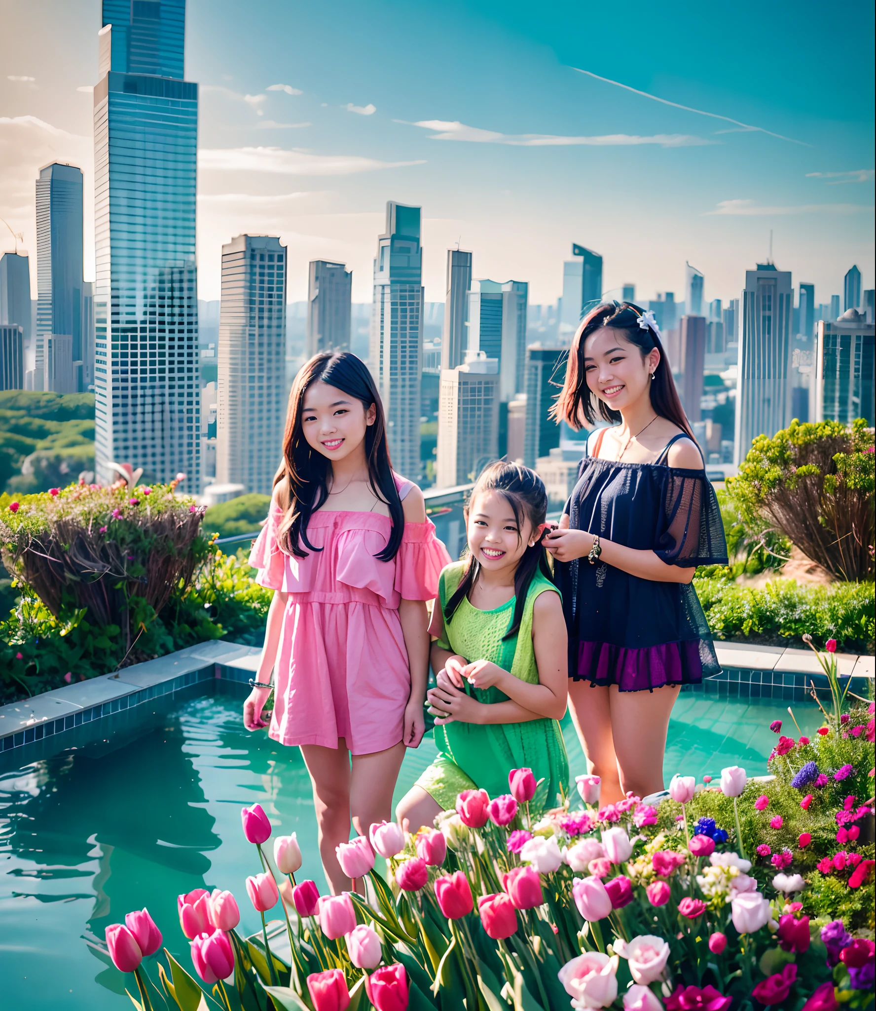 180th floor infinity pool，The tallest building in the urban forest，Around bonsai，Luo Han Song，coconut palms，tulips，Rose flower，Tease alpacas to play，There were five  girls wearing openwork translucent stockings，Pouting and smiling，is shy，Pinch your colorful hair, vivid vivid colors, multicolored clothing, Cut a tattered T-shirt, vibrant color details, Vibrant and dynamic, bright vibrant colors, multicolored clothing, rich and vivid colors, vivid vivid colors, Vivid and vibrant colors, vibrant tones, colorful outfit, colorful fashion, vivd colour, vivid and vibrant
