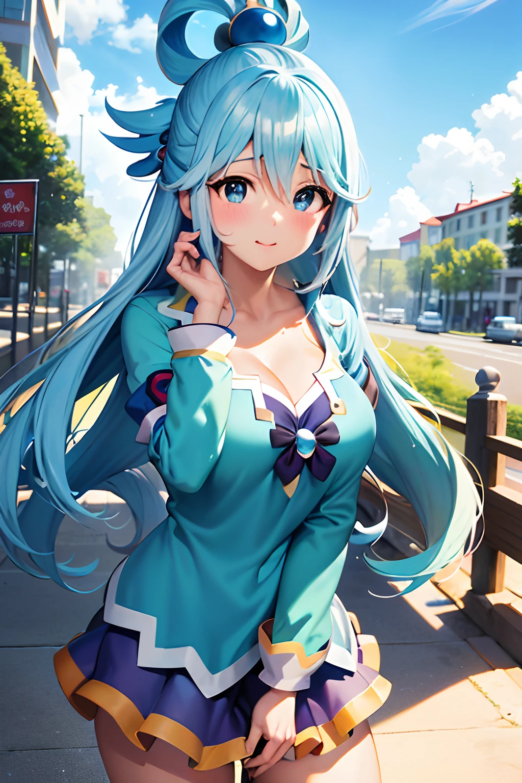 (melhor qualidade), [obra-prima], ((bonita:0.75)  bonita:0.75), [claro e limpo] pixiv (illustration), ((Aqua do anime Konosuba)), rua, caminhando, noite, cabelo azul, saia azul, blue sweater, cabelo longo, blue eyes.