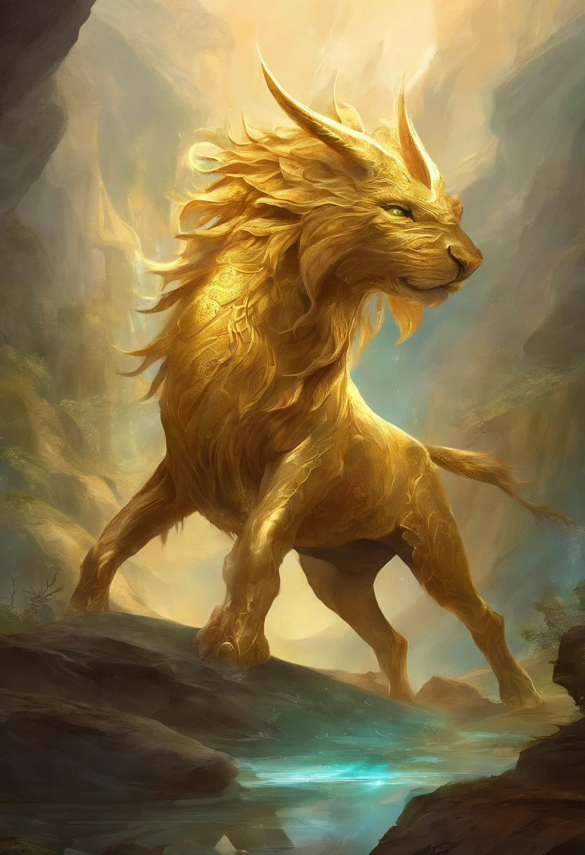 Em um reino terreno, Golden quadruped beings radiate a rigid underground clay. no centro, um centauro dourado, com patas de cavalo majestosas feitas de puro ouro solido, begins to pulsate with intense seismic energy.