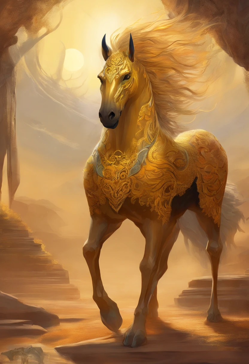 Em um reino terreno, Golden quadruped beings radiate a rigid underground clay. no centro, um centauro dourado, com patas de cavalo majestosas feitas de puro ouro solido, begins to pulsate with intense seismic energy.