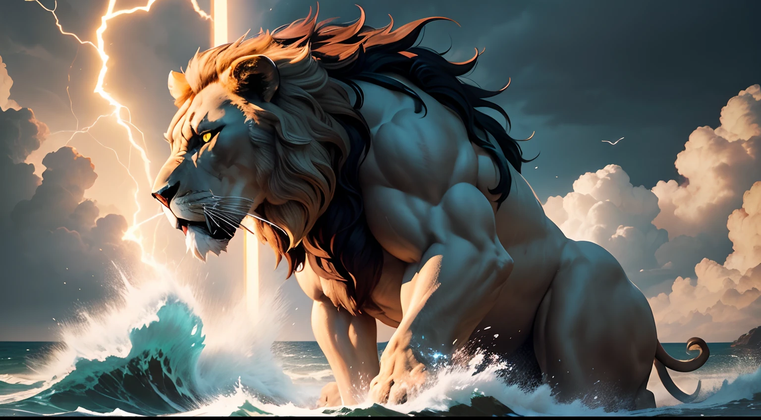 In this dramatic scene, the Nemean Lion commands the foreground, a majestic and colossal beast with golden fur and intense, glowing eyes, poised for action. Set against a stormy sky, Greek mythology's Titans loom in the background, each bearing unique characteristics. Hyperion emanates an ethereal glow, Oceanus stands amidst crashing waves, and Cronus exudes authority with his gleaming weapon. Lightning flashes illuminate the tension, casting dramatic shadows on this epic clash between the lion and the Titans, creating an awe-inspiring tableau of Greek mythology's grandeur and power.