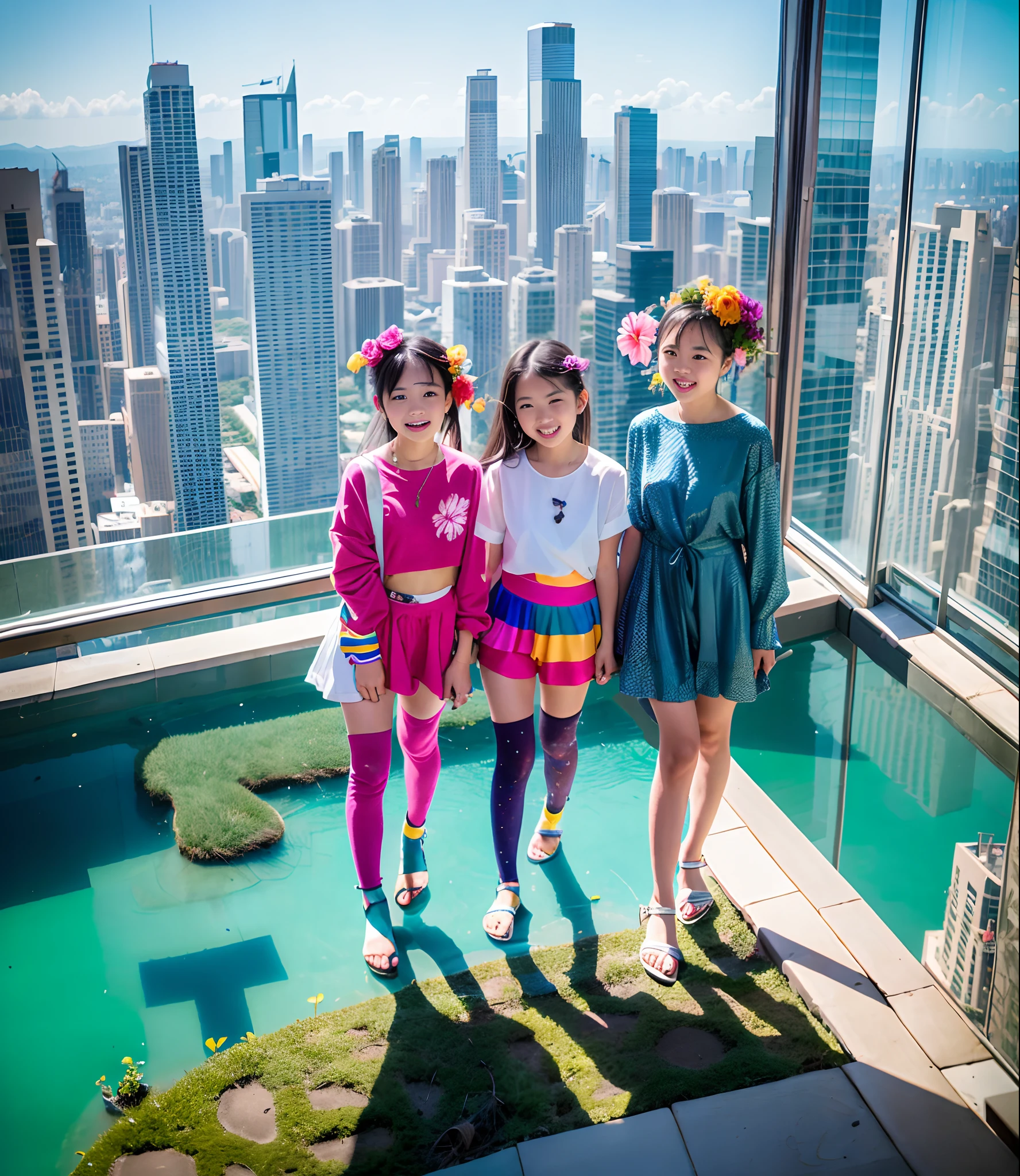 180th floor infinity pool，The tallest building in the urban forest，Around bonsai，Luo Han Song，coconut palms，tulips，Rose flower，Tease alpacas to play，There were five little girls wearing openwork translucent stockings，Pouting and smiling，is shy，Pinch your colorful hair, vivid vivid colors, multicolored clothing, Cut a tattered T-shirt, vibrant color details, Vibrant and dynamic, bright vibrant colors, multicolored clothing, rich and vivid colors, vivid vivid colors, Vivid and vibrant colors, vibrant tones, colorful outfit, colorful fashion, vivd colour, vivid and vibrant