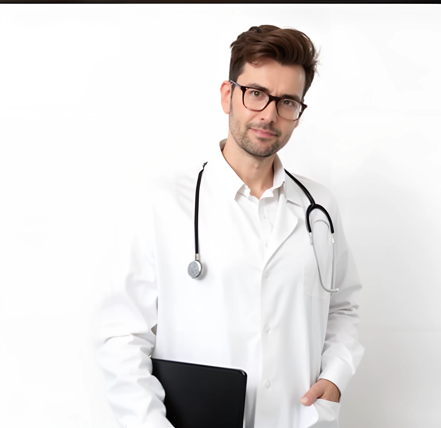 um close up de um homem de jaleco branco segurando uma pasta, medic, Male physician, medic, (medic), wearing lab coat and glasses, vestindo um jaleco branco, jaleco e camiseta, vestindo jaleco, usando jaleco, usando jaleco, foxish guy in a lab coat, com jaleco