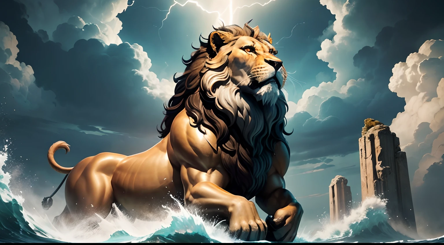In this dramatic scene, the Nemean Lion commands the foreground, a majestic and colossal beast with golden fur and intense, glowing eyes, poised for action. Set against a stormy sky, Greek mythology's Titans loom in the background, each bearing unique characteristics. Hyperion emanates an ethereal glow, Oceanus stands amidst crashing waves, and Cronus exudes authority with his gleaming weapon. Lightning flashes illuminate the tension, casting dramatic shadows on this epic clash between the lion and the Titans, creating an awe-inspiring tableau of Greek mythology's grandeur and power.