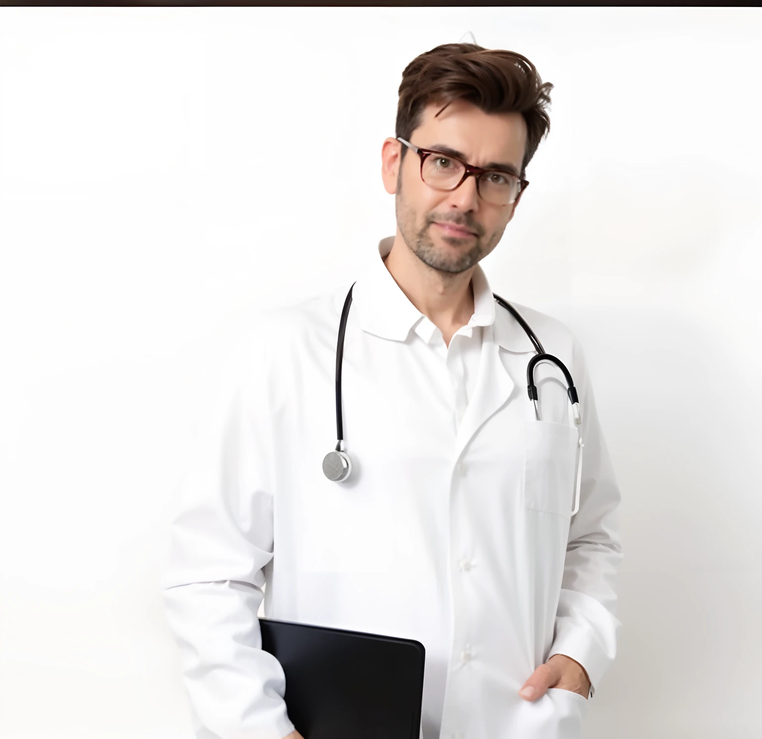um close up de um homem de jaleco branco segurando uma pasta, medic, Male physician, medic, (medic), wearing lab coat and glasses, vestindo um jaleco branco, jaleco e camiseta, vestindo jaleco, usando jaleco, usando jaleco, foxish guy in a lab coat, com jaleco