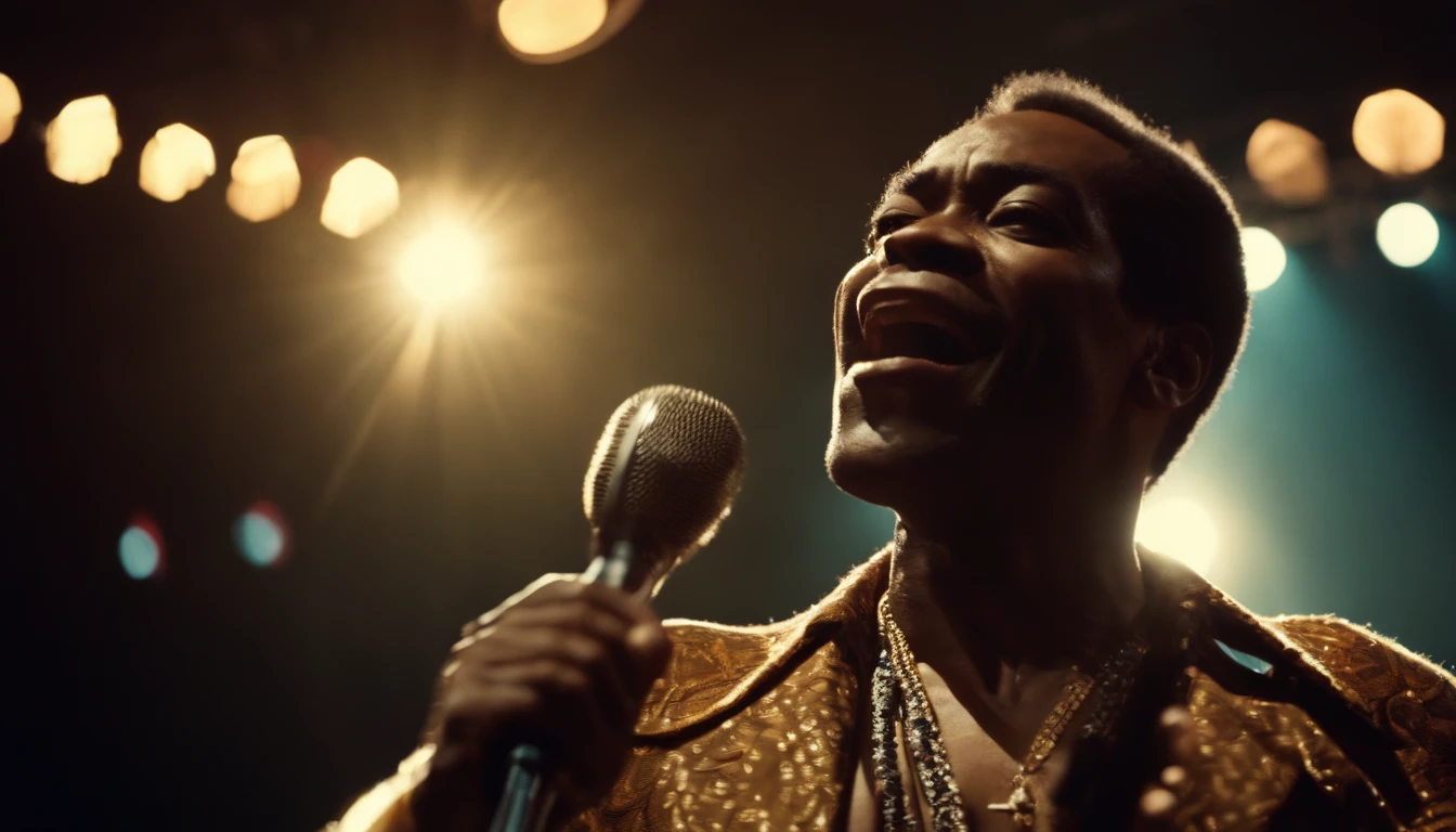 Fela holding a mic on stage, singing passionately