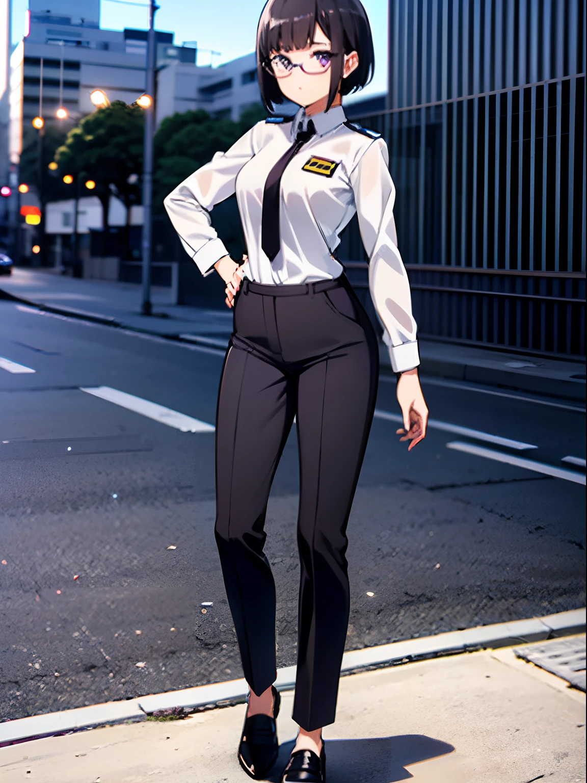 ((masterpiece)). ((best quality)), 1girl, solo, short hair, jet black hair, purple eyes, (full body), standing, hands on hip, bangs, japanese police uniform, glasses, tokyo city backdrop, (white shirt), (black pants, tie), matching shoes, medium breasts, 20 age, badge,