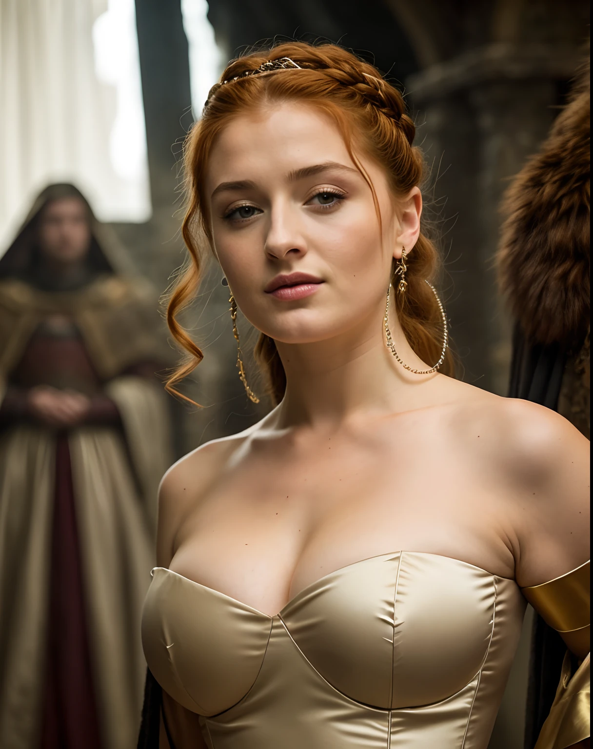 Foto RAW, Sansa Stark, Extremely gorgeous lady, Sansa Stark PLAYED BY Sophie Turner, Queen Sansa Stark, she is a mature woman now, milf, sexy mediaeval battle dress, gladiator woman, body, 45 years old Woman, body revealing costumes, perky breast, alluring figure, big natural breast, mediaeval costumes, mediaeval queen dress, erotic costumes, lusty physique, seductive figure can capture every people's attention, Game of thrones costumes, revealing captivating figure, Mediaeval costumes, revealing clothes, A tomboy, she would rather fence than dance, warrior queen , game of thrones screen caps, Game of Thrones Series, (pele altamente detalhada: 1.2), 8k UHD, DSLR, soft-lighting, alta qualidade, grain of film, Fujifilm XT3