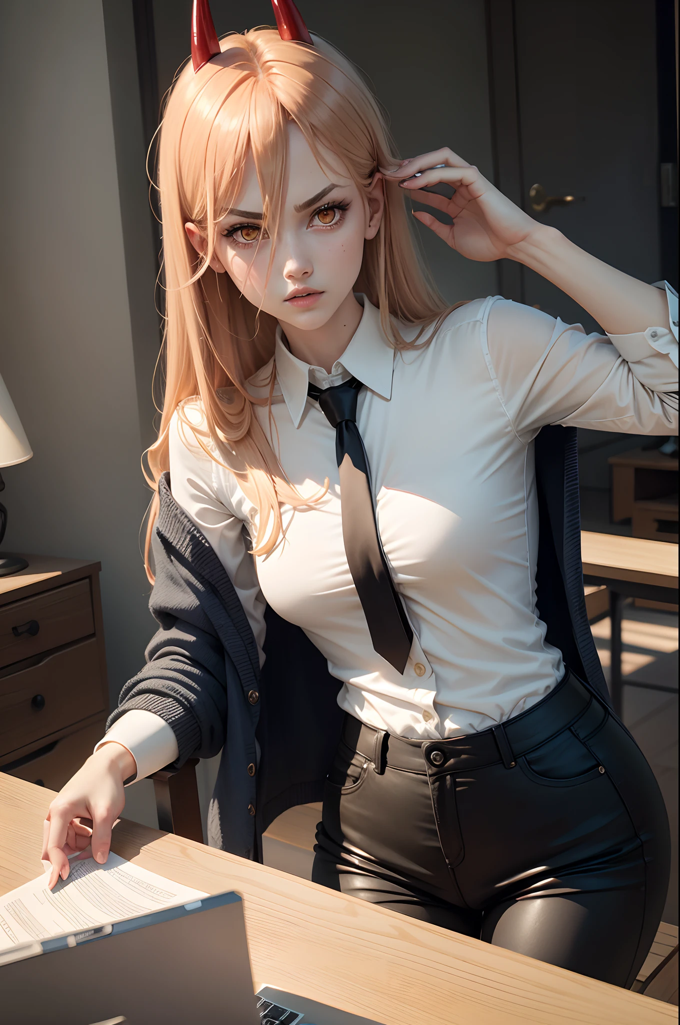 blonde hair, yellow eyes, cross-shaped pupils, symbol-shaped pupils, red horns, white buttoned shirt, black necktie, Power from chainsaw man, there is a desk in a room with a window and a lamp, Power is sitting at the chair next to the desk, glistening yellow eyes, detailed face, soft lips, soft skin, extremely detailed face, perfect quality, wet skin and hair, medium soft breasts, red hair, fashion realistic, high-definition sysie details, photography , sharpness, unique 850 4, f1.6 lens, rich colors, super realistic texture, spectacular texture, surreal art, Cinestil 800 fashion mechanism, moody, straight hair, Power from chainsaw man hair style, white shirt, navy colored cardigan, black pants, moody colors, sexy girl, perfect body, sexy body, sexy look