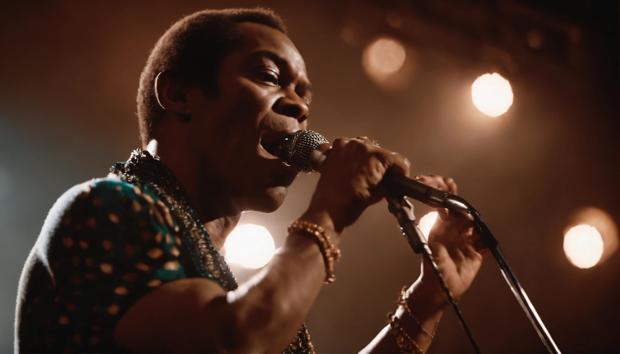 Fela holding a mic on stage, singing passionately