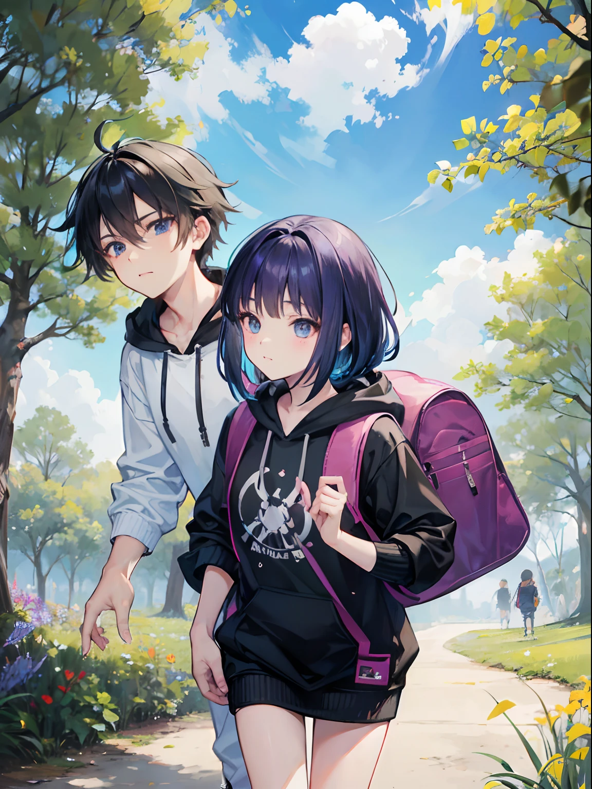 Continue the manga-style image from the previous panel, maintaining the picturesque park setting with rolling hills and colorful wildflowers. Focus on Raven boy and Hoodie girl as they step forward, excited and determined, to embark on their adventure. Raven boy, on the left, has a confident expression as he takes the lead, holding the treasure map firmly. Hoodie girl, on the right, matches his enthusiasm, her cute hoodie and backpack emphasizing her readiness for the journey. Their expressions should convey their anticipation and playful competitiveness.