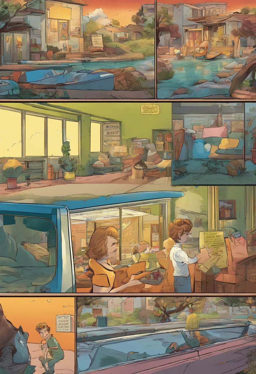 American comics, the comic story is presented in multiple irregular panels with color. The American Shorthair a young boy in 50's goes through hardships while running away from home and then reunites with its owner. The style is exaggerated and detailed