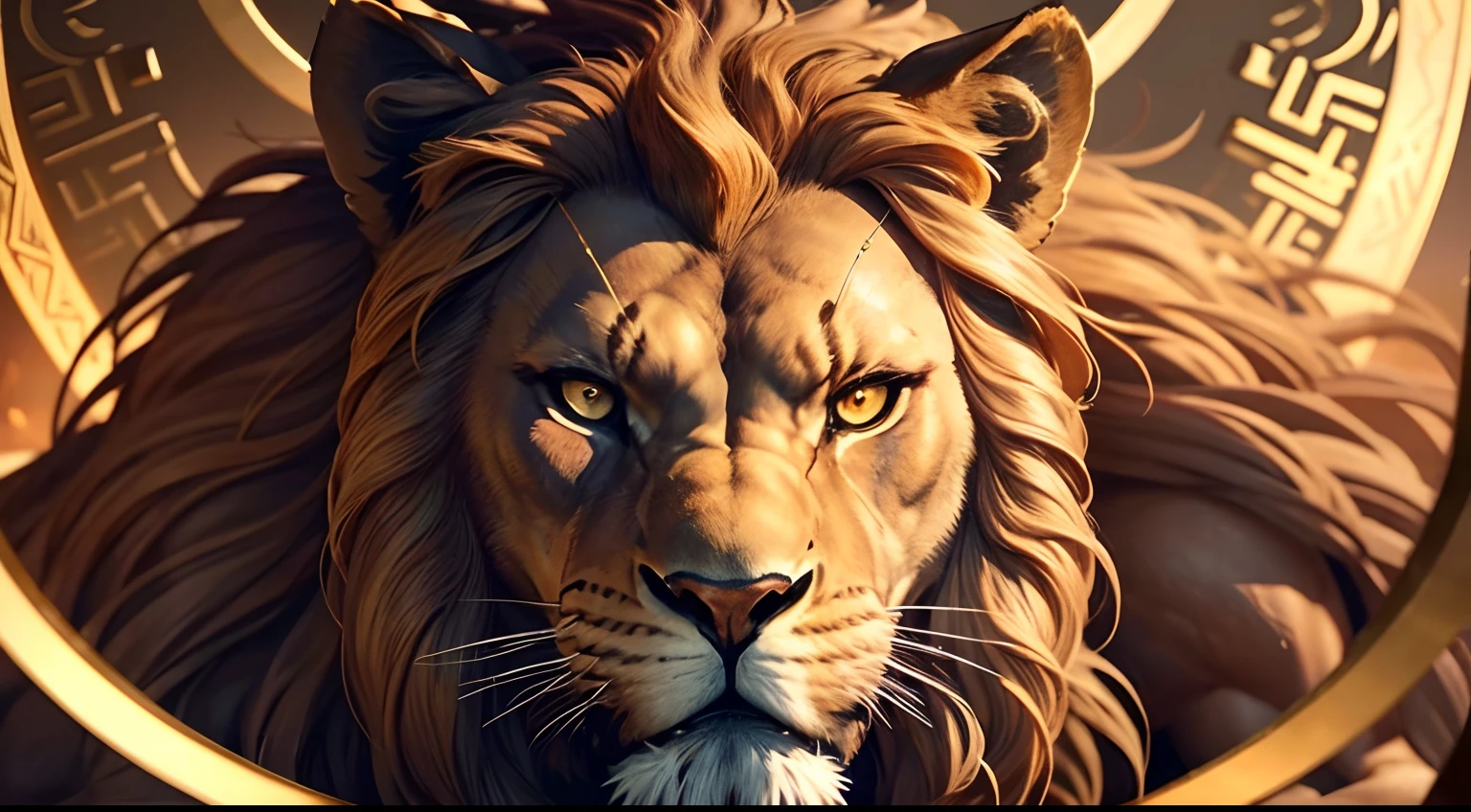 Imagine a gripping scene where the Nemean Lion stands as the central figure, surrounded by a circle of fearless Greek warriors poised for battle. The lion, a massive and menacing beast, boasts golden fur and eyes that blaze with ferocity. It commands attention in the center, its formidable presence unmatched.