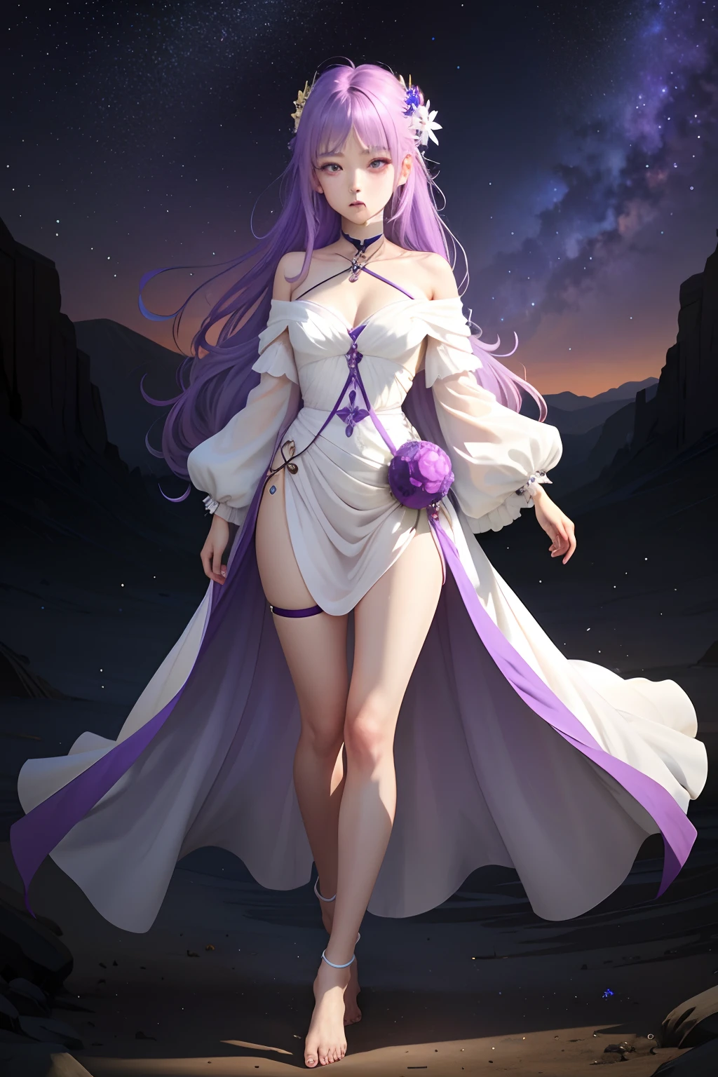 a 1girl, luminous, purple hair, neon purple hair, Long hair, waist-length hair, black hole, pectorals, The Evolving Darkness, devastation, pink eye color, nuclear pink eye color, The starry sky in the eyes, no pupils, Starry sky, Constellation Libra, Vega, whitedress, semi transparent dress, knee length dress, bare feet, White Skin Skin, Dead white skin, Proud posture, diadem