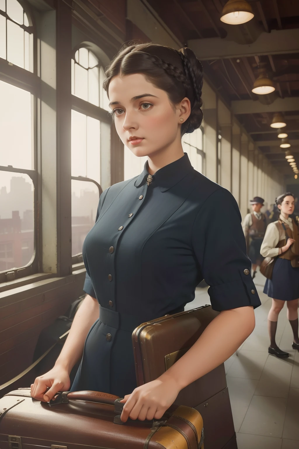 pre-raphaelite scene with a woman factory worker with black hair in a bun looks inside a ((forgotten suitcase)) in a New York train station ((1940s working outfit)) ((1940s hairstyle bun)), mysterious and intriguing, looking away ((in the style of "Only murders in the building"))