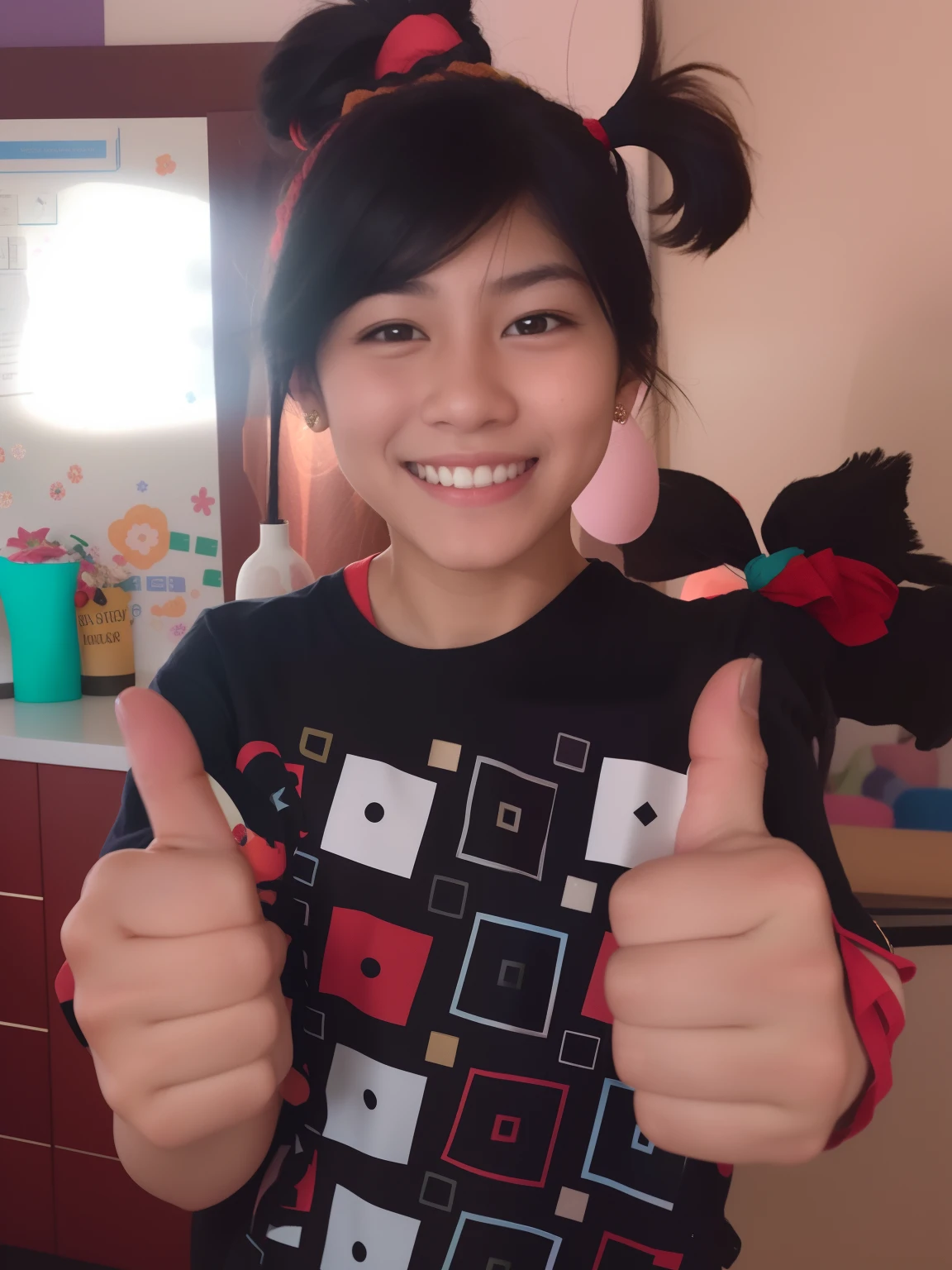 Arafed Asian girl with a black shirt and ponytail giving a thumbs up, alanis guillen, she is about 1 6 years old, Dar el visto bueno hacia arriba, she is smiling and happy, giving a thumbs up to the camera, imagen de muy muy muy baja calidad, lorena avarez, con una hermosa sonrisa, jose miguel roman frances