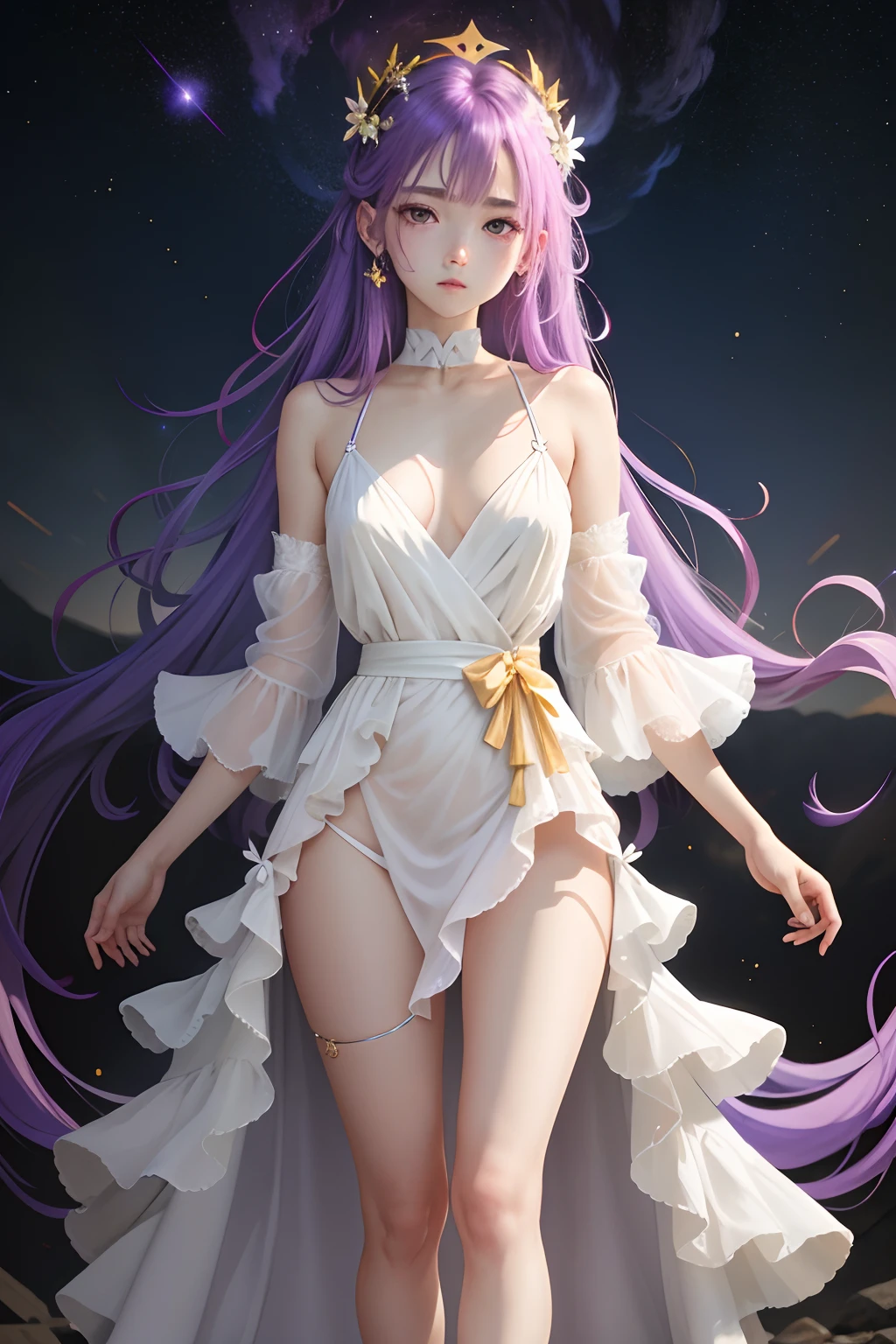 a 1girl, luminous, purple hair, neon purple hair, Long hair, waist-length hair, black hole, pectorals, The Evolving Darkness, devastation, pink eye color, nuclear pink eye color, The starry sky in the eyes, Starry sky, Constellation Libra, Vega, whitedress, semi transparent dress, knee length dress, bare feet, White Skin Skin, Dead white skin, Proud posture, diadem