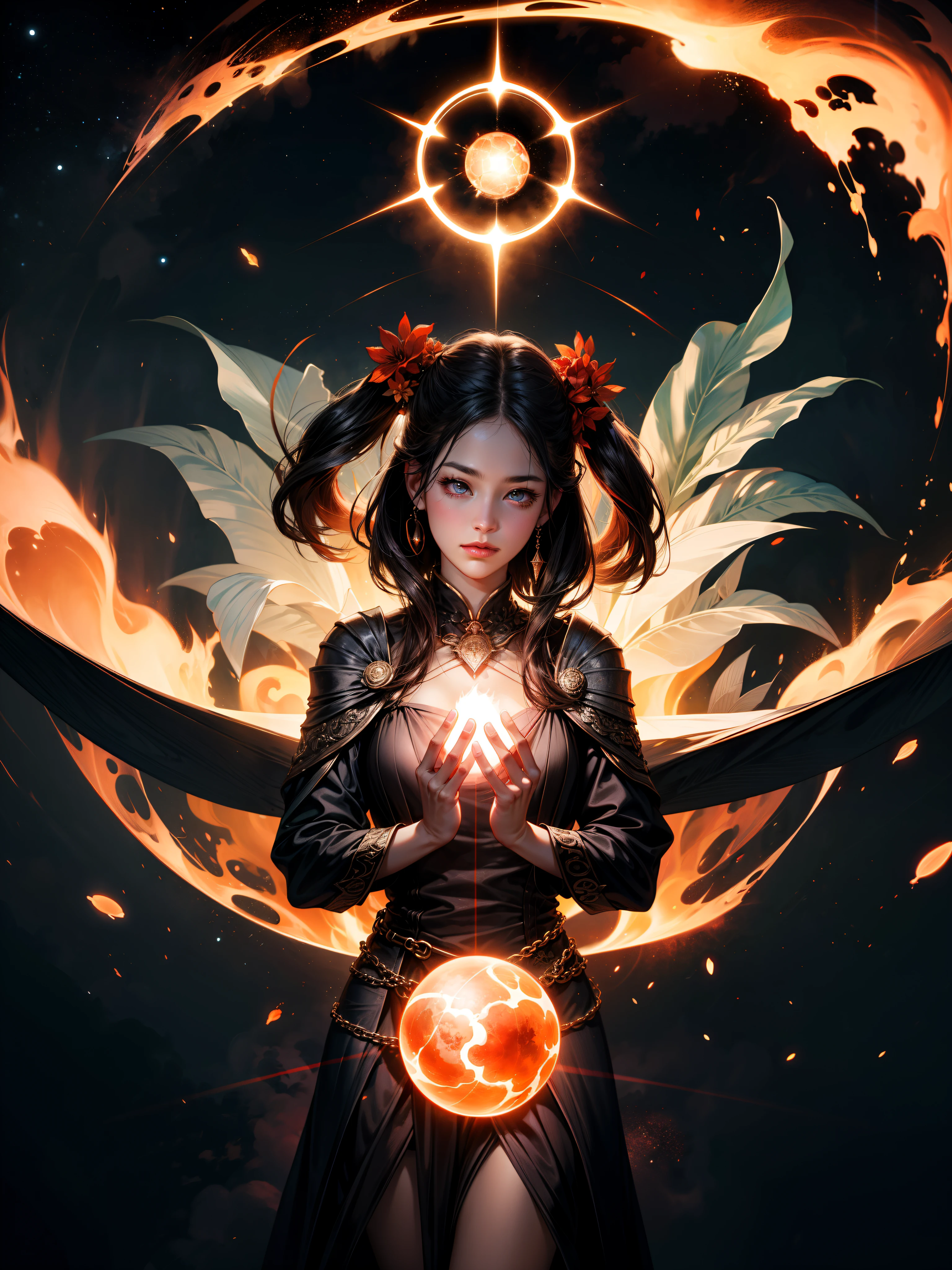persephone, elemental goddess, charging up elemental energy sphere, showing skills, elden ring, halo, in fire, fiery atmosphere, masterpiece, best quality, realistic, fujifilm gfx 100, UHD