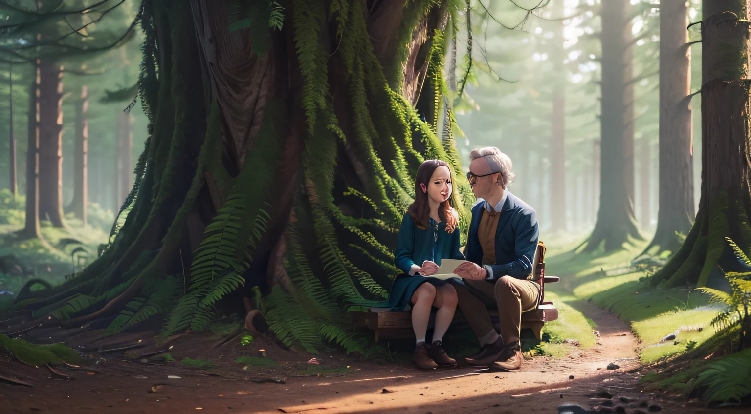 Little Emily and Professor John talk in a beautiful looking forest.(best quality,4k,8k,highres,masterpiece:1.2),ultra-detailed,(realistic,photorealistic,photo-realistic:1.37),adventure, map --auto
