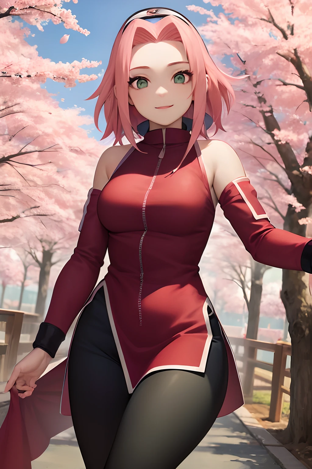 tmasterpiece， Best quality at best， 1girll， Sakura Haruno， medium breasts, smile，with pink hair， long whitr hair， （Green eyeballs:1.4)， Forehead protection， the cherry trees，Cherry blossoms flying，Red dress Cleft thighs, short tight pants , outfit body, tight pants