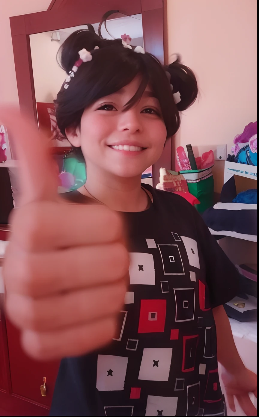 There's a young Hermosa making a thumbs-up sign in a bedroom., imagen de muy muy muy baja calidad, giving a thumbs up to the camera, Mateo 9 5, Dar el visto bueno hacia arriba, foto de perfil 1024px, with index finger, Dar un pulgar hacia arriba, con una hermosa sonrisa, imagen borrosa, jose miguel roman frances