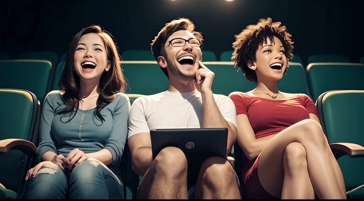 3 people watching a comedy, laughing