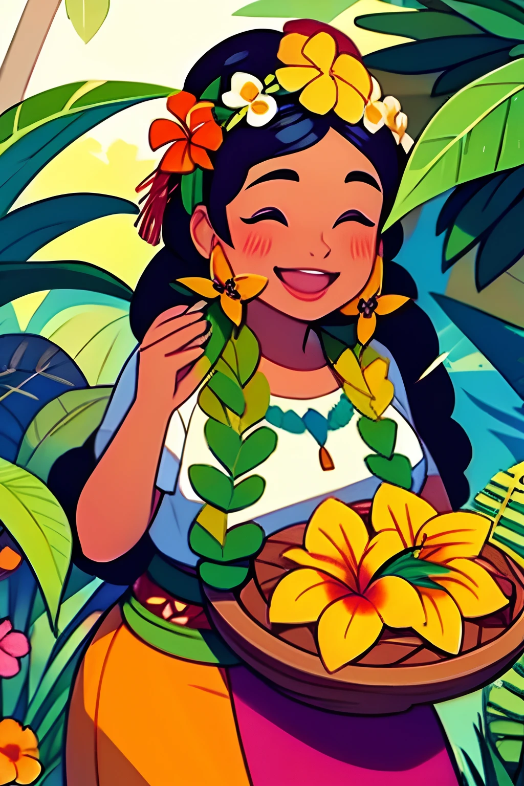A woman who is a beautiful smiling, native Hawaiian hula woman, holding a flower to her nose, background is a tropical garden, mood is delicate, sensitive, loving, happy, daytime light, character design.