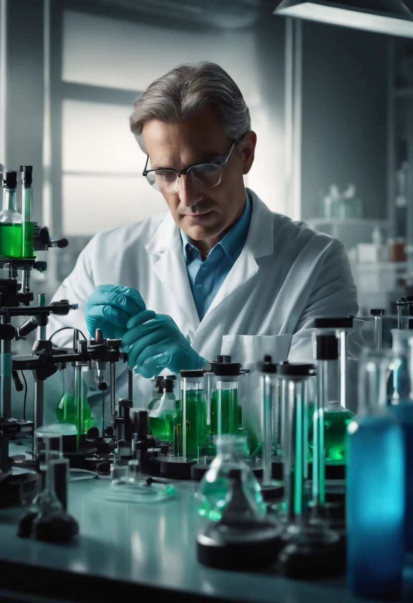 A realistic image of a scientist in a laboratory, surrounded by test tubes and microscopes, conducting experiments. Shot from a close-up angle to capture the sense of precision and curiosity.