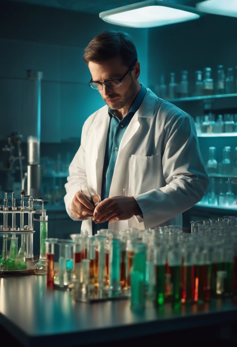 Tall brown haired man with green eyes in white lab coat and test tubes