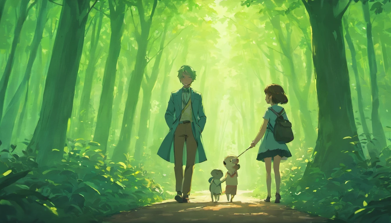 Little Emily and Professor John talk in a beautiful looking forest.(best quality,4k,8k,highres,masterpiece:1.2),ultra-detailed,(realistic,photorealistic,photo-realistic:1.37),adventure, map --auto