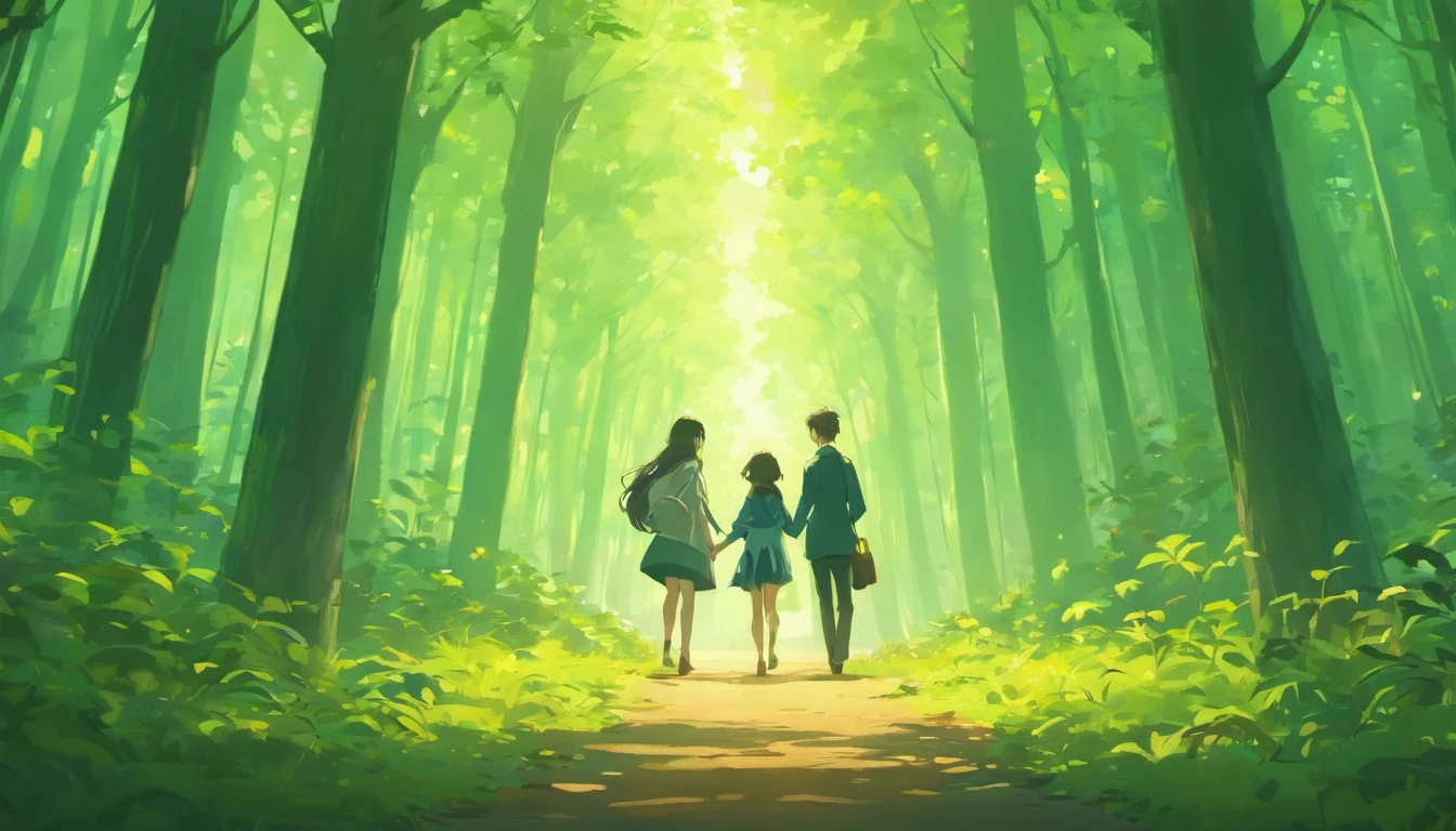 Emily and Professor John talk in a beautiful looking forest.(best quality,4k,8k,highres,masterpiece:1.2),ultra-detailed,(realistic,photorealistic,photo-realistic:1.37),adventure, map --auto