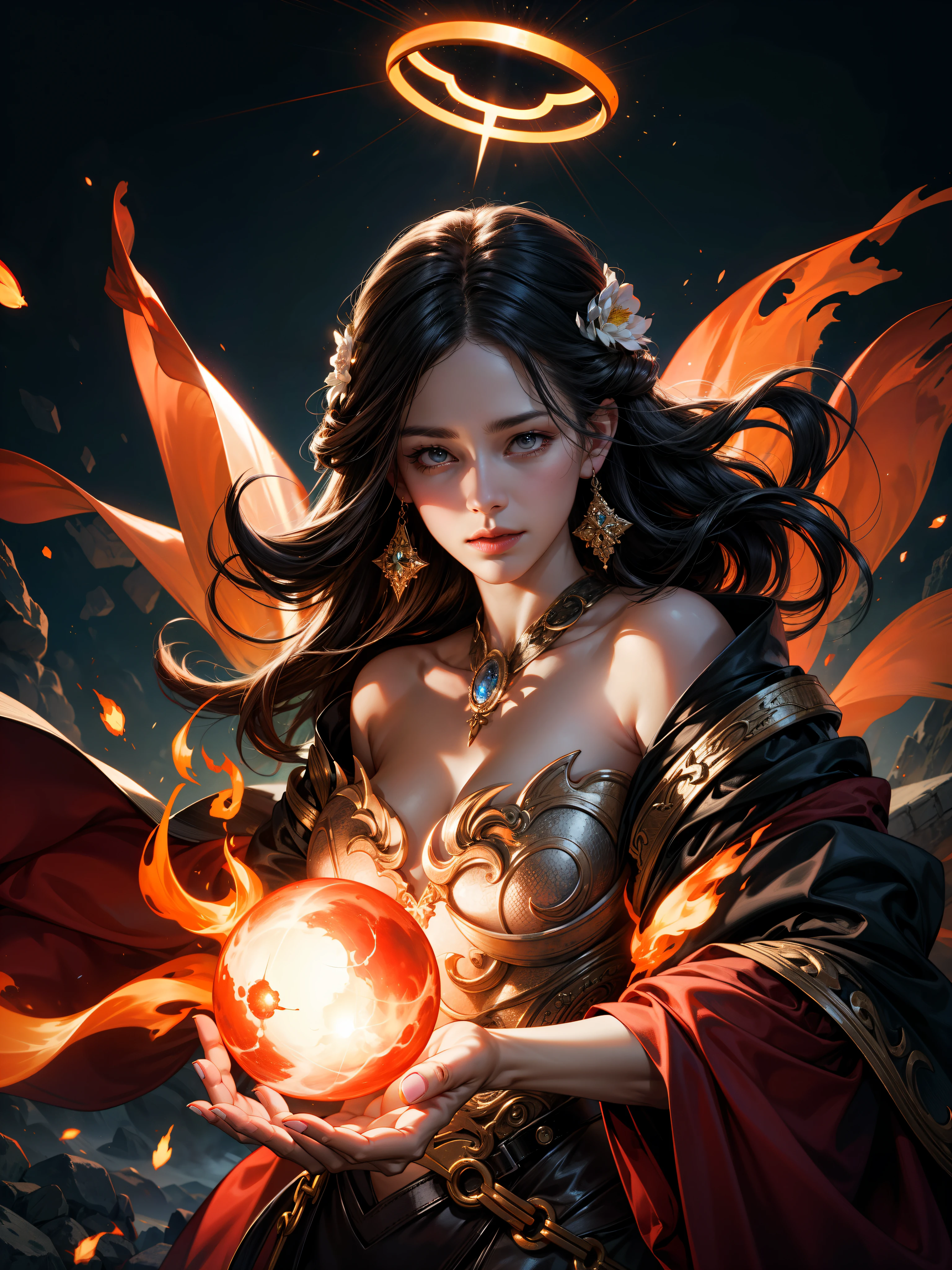 persephone, action scene, elemental goddess throwing charged up elemental energy sphere, showing skills, elden ring, halo, in fire, fiery atmosphere, masterpiece, best quality, realistic, fujifilm gfx 100, UHD