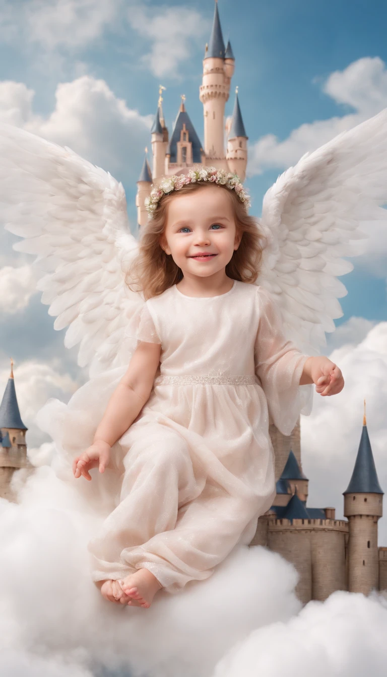 Beautiful angel babies smiling sitting on clouds in front a beautiful giant castle in the sky full image coloring pages