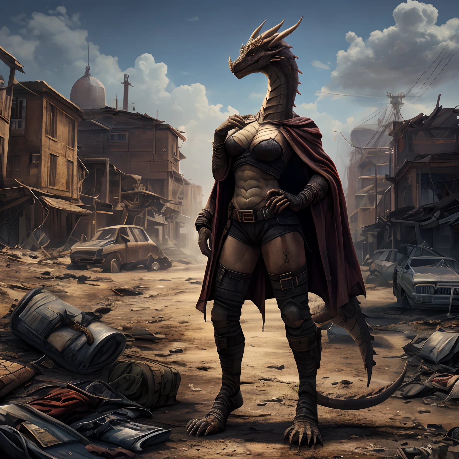 (best quality, highres, realistic:1.37), Draconid, scalie, Anthro-Dragon Body, shapely body, Female anthropopathy, long slim legs, long neck, Long hair, membranous ears, postapocalyptic wasteland, raider's clothes, tattered cloak, warm colours,